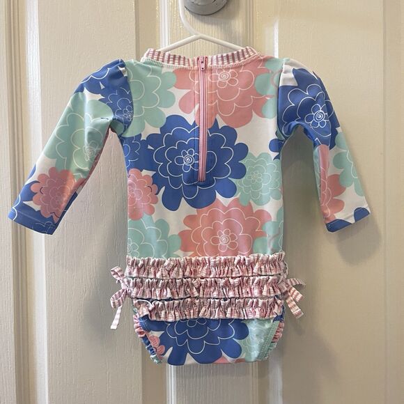 RuffleButts Pastel Petals Long Sleeve One-Piece Rashguard Swimsuit Girls 6-12 M - Picture 9 of 15